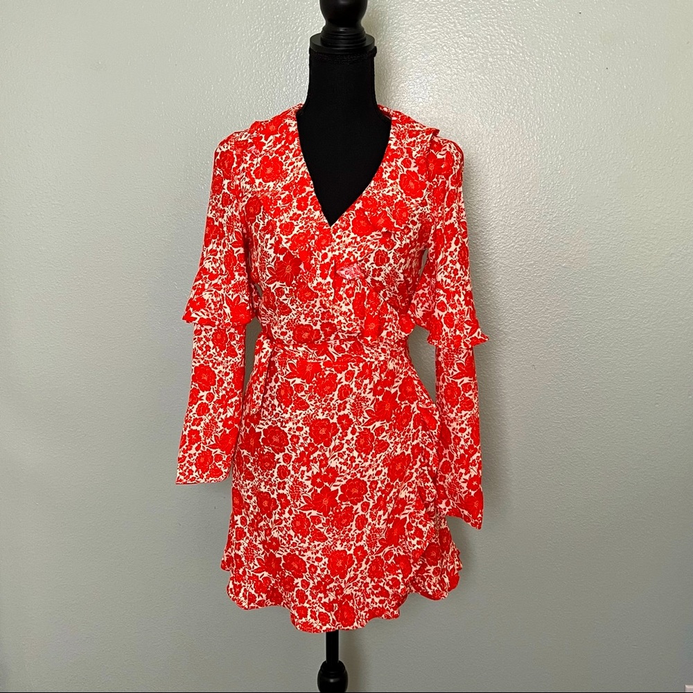 Topshop Floral Wrap Dress Size 2 red-orange/cream